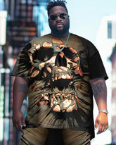 Men's Plus Size Street Fashion Abstract Skull Print T-Shirt Shorts Suit